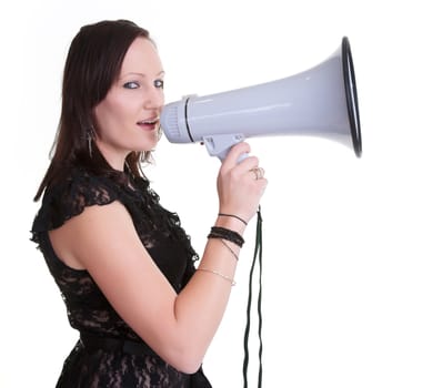 pretty young woman with megaphone isolated on white