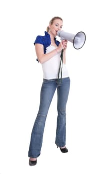 pretty young woman with megaphone isolated on white