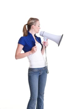 pretty young woman with megaphone isolated on white