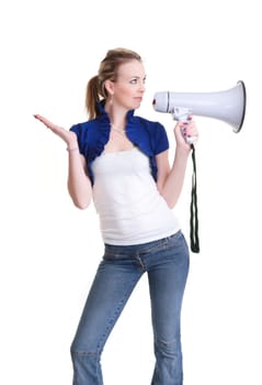 pretty young woman with megaphone isolated on white