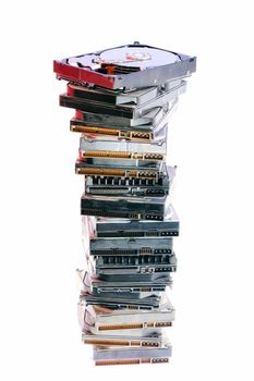 Stack of hard drives on the white background