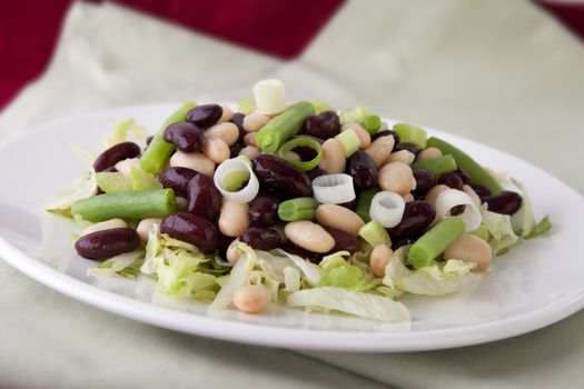 Three bean salad with cannellini, kidney and green beans, on a bed of iceberg lettuce.