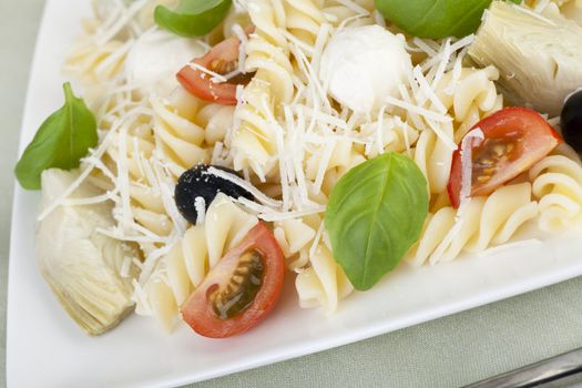 Fusilli pasta with black olives, mozzarella cheese, artichoke hearts and tomato slices, topped with fresh basil leaves. 