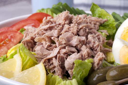 Close up of a salad Nicoise with flaked tuna.