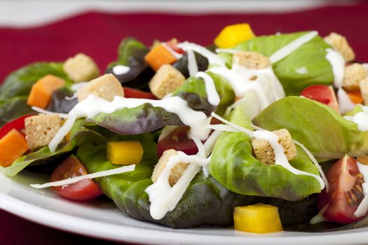 Fresh green salad with tomatoes croutons and creamy dressing.