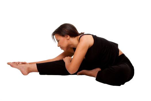 Beautiful attractive woman stretching exercise before her yoga workout, dressed on black, isolated.