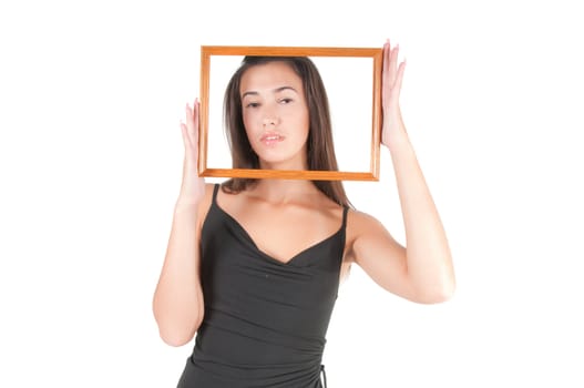 Woman with frame, studio shot, isolated on white