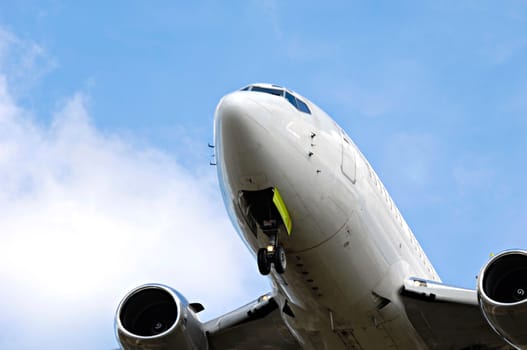 Plane close up with only nose and engines.