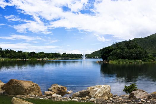 summer landscape with lake and blue sky at day