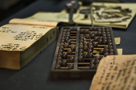 abacus and book on the table in a chinese old shop