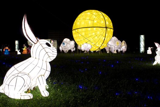 rabbit lantern looking the moon for the Moon Festival at night