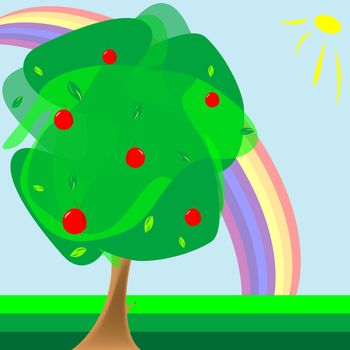apple tree and rainbow, abstract composition; vector art illustration