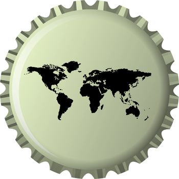 black world map against bottle cap, abstract vector art illustration