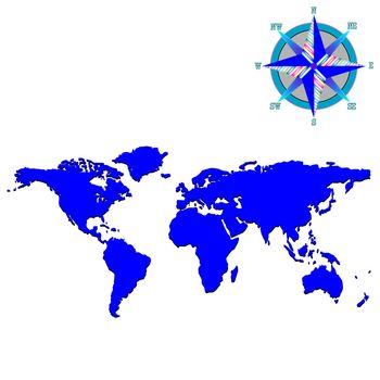 blue world map with wind rose design, vector art illustration
