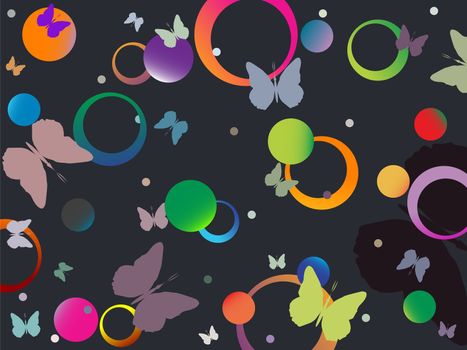 butterflies and bubbles in retro colors, abstract art illustration