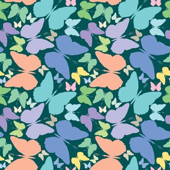 butterflies seamless pattern over blue background, abstract art illustration