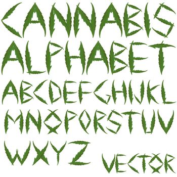 cannabis leafs alphabet against white background; abstract vector art illustration