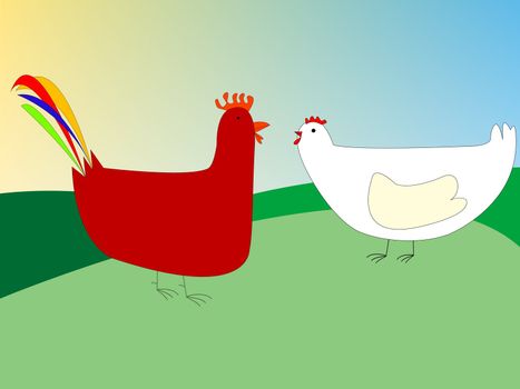 chicken and rooster drawing, vector art illustration; more drawings in my gallery
