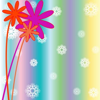 christmas background with snow flakes, flowers and stripes, vector art illustration