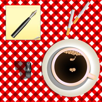 coffee and cigarettes against red picnic mesh, abstract vector art illustration