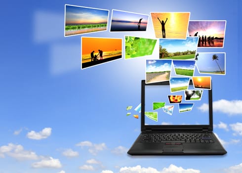 Colorful collage of laptop against green nature background