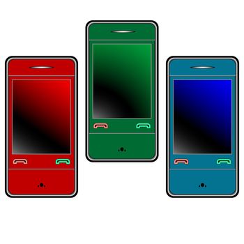 colored mobile phones against white background, abstract vector art illustration
