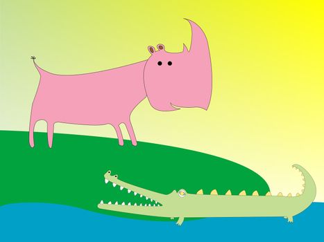 drawing of a crocodile and rhino, vector art illustration; more drawings in my gallery