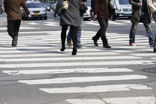 Street crosswalkers during rush hour in seoul korea