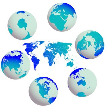 earth globes and world map against white, abstract vector art illustration