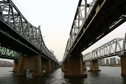 Series of Han River railroad bridge at Seul korea.