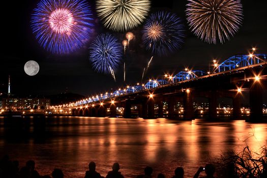 Spectacular fireworks at han River Seoul Korea in full moon