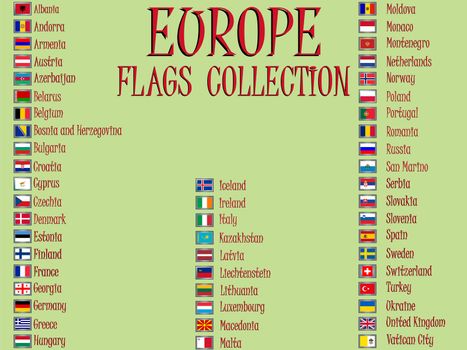 europe flags collection against green background, abstract vector art illustration