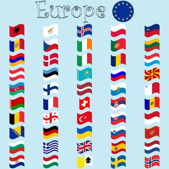 europe stylized flags against blue background, abstract vector art illustration