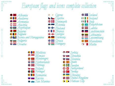 european flags and icons collection in alphabetical order, abstract vector art illustration