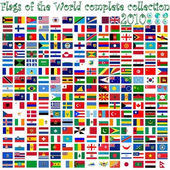 flags of the world and earth globes, abstract vector art illustration