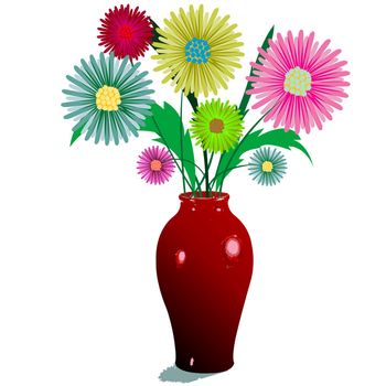 flowers and vase composition, isolated on white; abstract art illustration