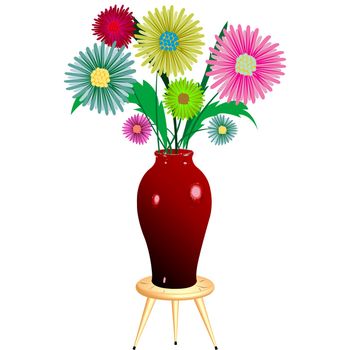 flowers arrangement with wooden chair, abstract vcetor art illustration