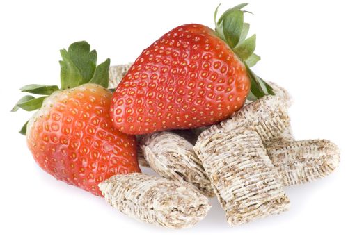 Wheat cereal with strawberries over white background - isolated