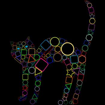 geometric cat isolated on black background, abstract art illustration