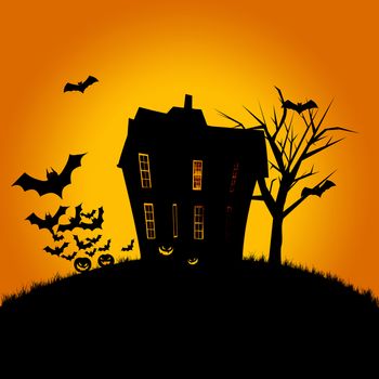 Halloween poster of a haunted house, pumpkins and flying bats. Room for text.
