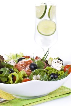 Fresh vegetable salad with ice cold drink
