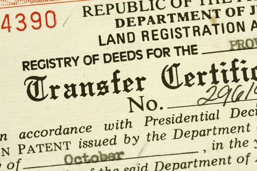 Macro shot of Transfer Certificate of land title.