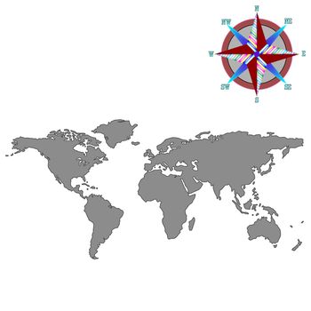 gray world map with wind rose, vector art illustration