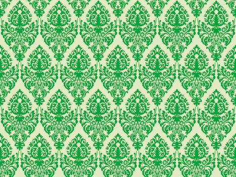 green damask seamless texture, abstract pattern; vector art illustration