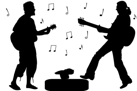 guitar rock stars, abstract singers silhouettes against white background; vector art illustration