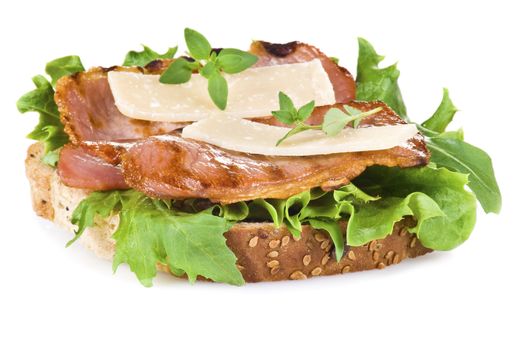 Freshly made bacon sandwich isolated over white background