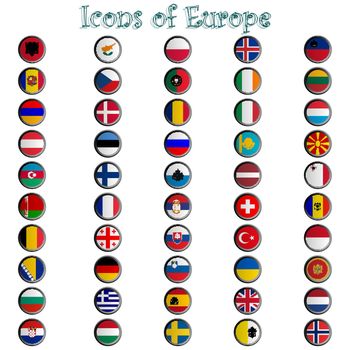 icons of europe complete collection, metallic symbols against white background; abstract vector art illustration