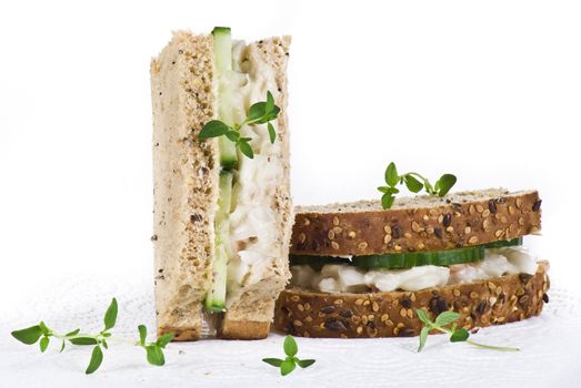 Cucumber and coleslaw sandwich with thyme leaves