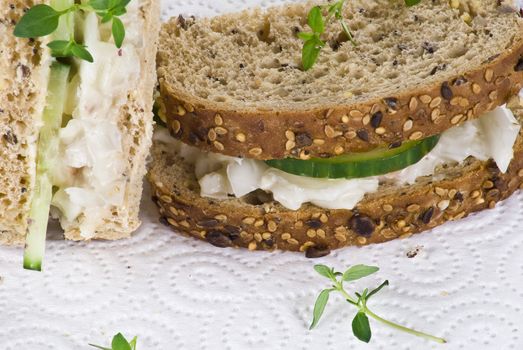 Cucumber and coleslaw sandwich with thyme leaves