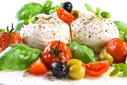 Mozzarella with fresh basil and  cherry tomatoes over extra virgin oil